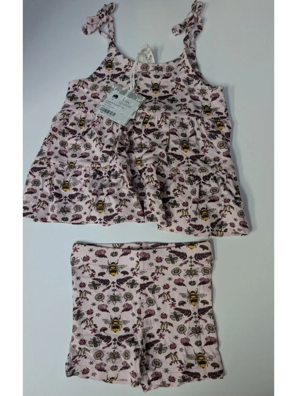 Kate Quinn Bamboo Rose Litho Bee 2T Spaghetti Tie Prairie Top Bike Shorts Set